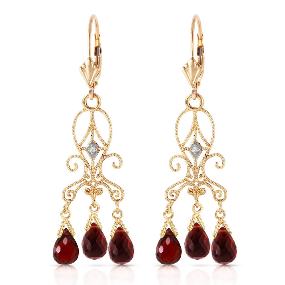 14K. GOLD CHANDELIERS DIAMONDS EARRING /GARNETS - Picture 1 of 3